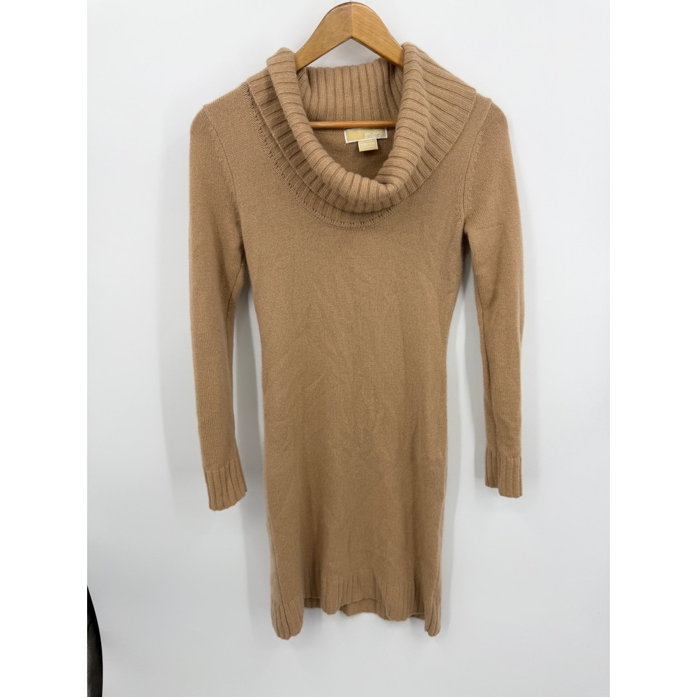 Michael Kors Cowl Neck Sweater Dress Women XS Tan 100% Cashmere Ribbed Knit